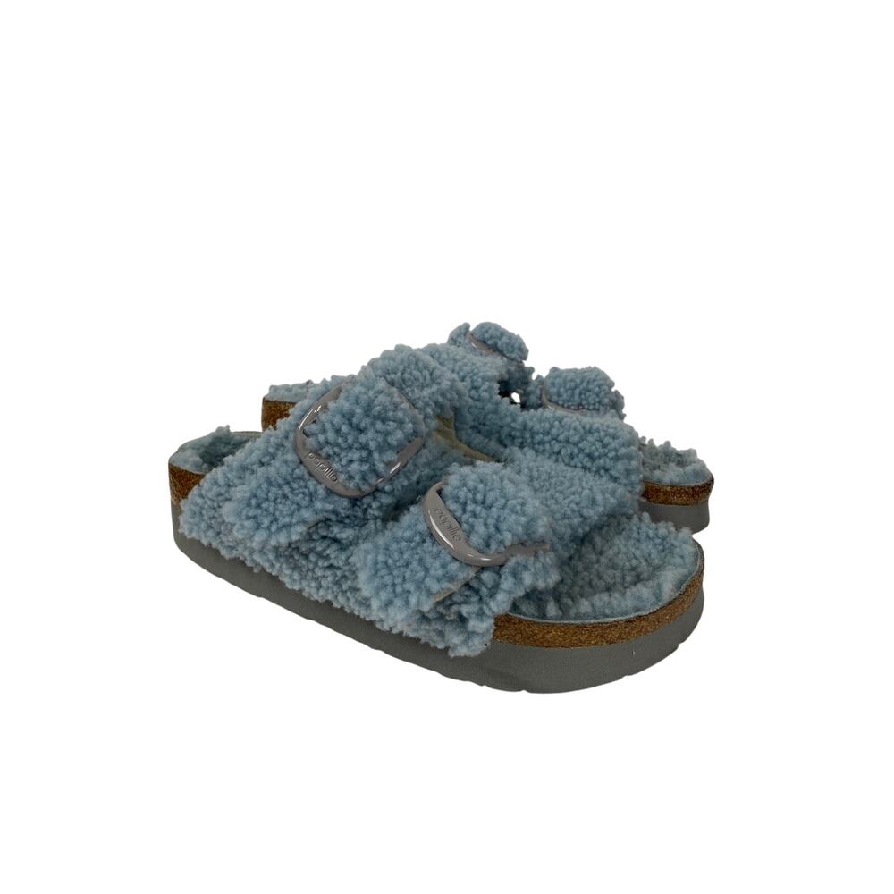 Papillio by Birkenstock Arizona Blue Shearling Teddy Platform Sandals Size 38